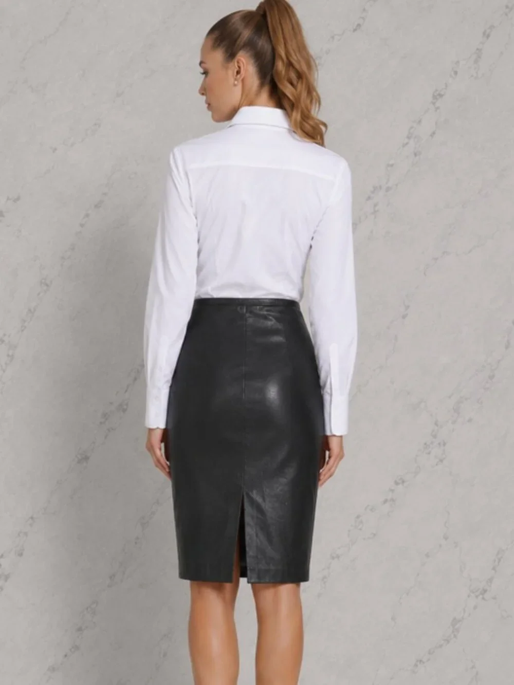 Vintage Ralph Lauren 100% Leather Pencil Skirt Black Old Money Classic Business